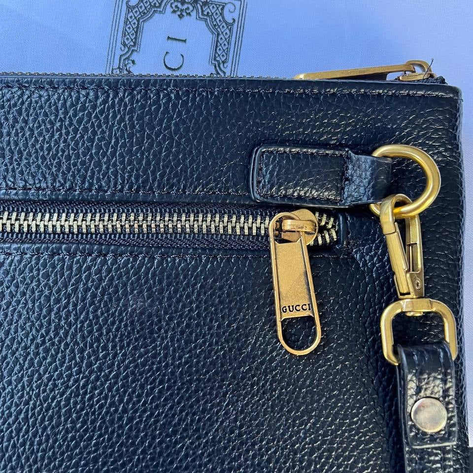 Gucci Black Leather Pouch with Signature Web and Gold Hardware