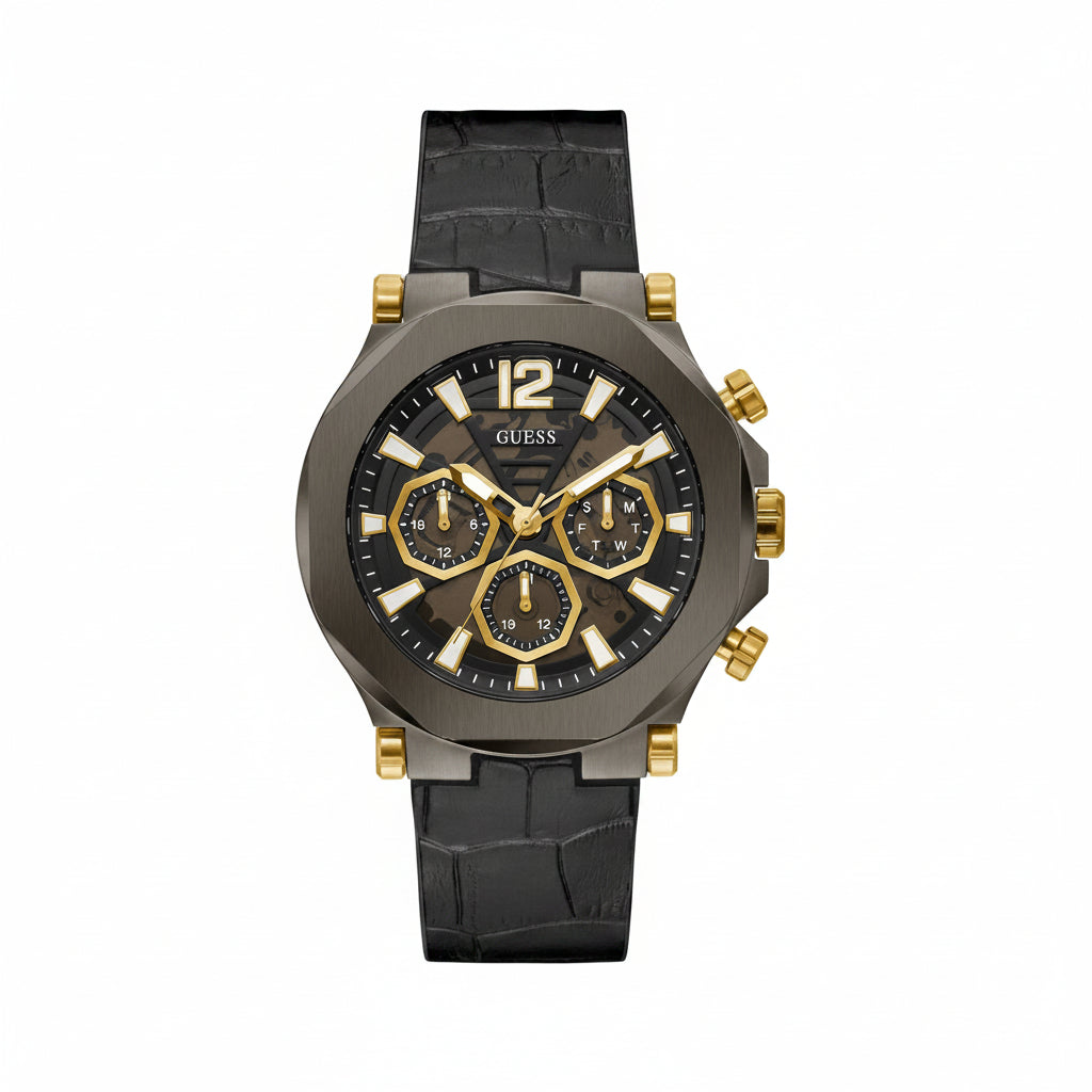 Guess Men's Chronograph Watch in Gunmetal and Gold with Leather