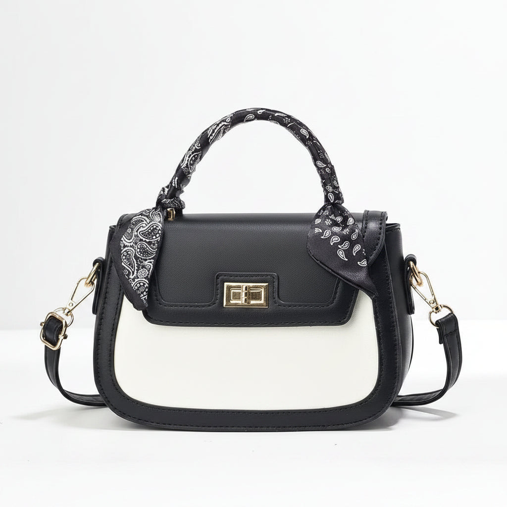 Two-Tone Crossbody Bag with Decorative Paisley Scarf Handle