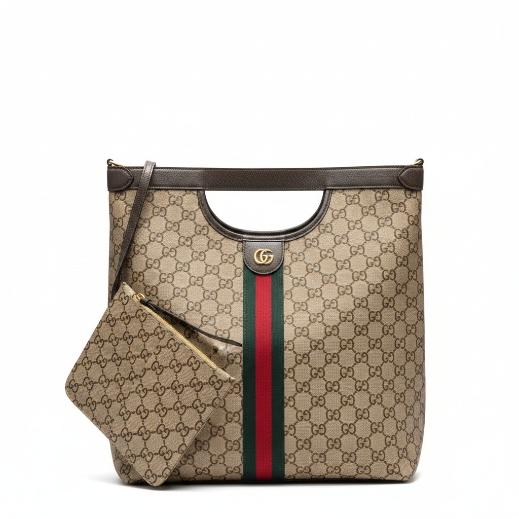 Monogram Pattern Tote Bag with Signature Stripe and Pouch