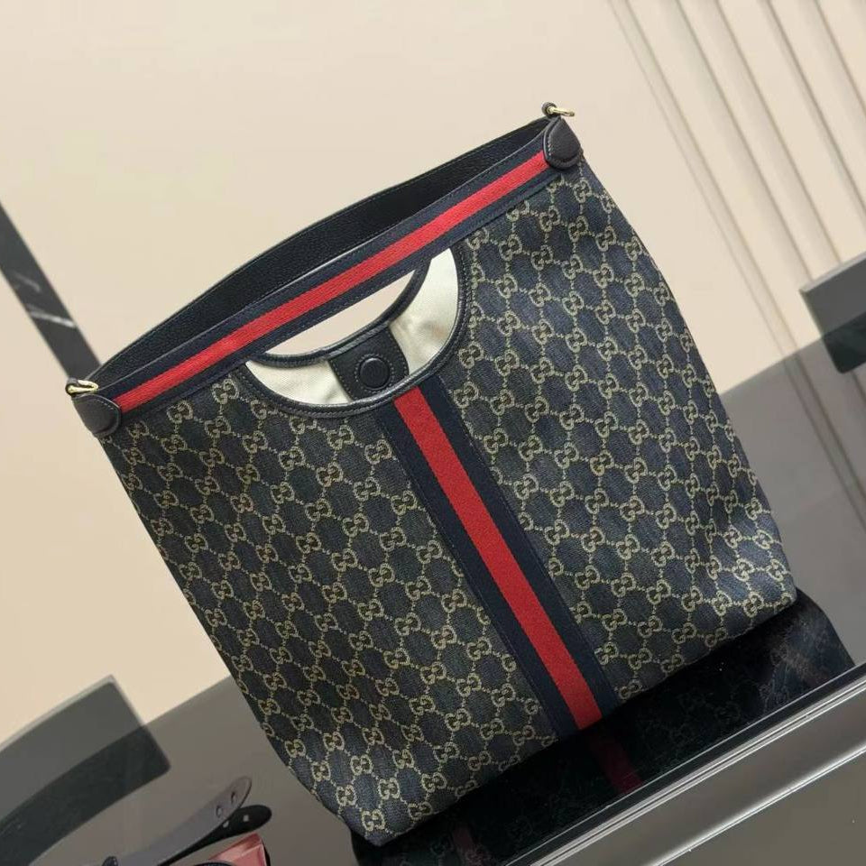 Monogram Pattern Tote Bag with Signature Stripe and Pouch