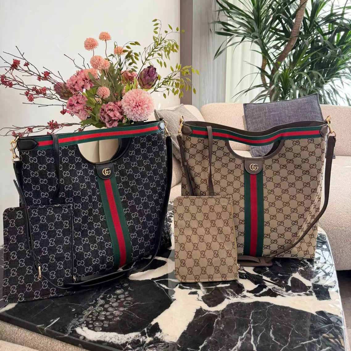 Monogram Pattern Tote Bag with Signature Stripe and Pouch