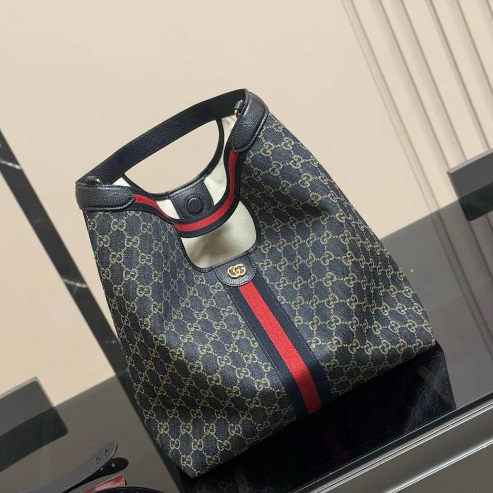 Monogram Pattern Tote Bag with Signature Stripe and Pouch
