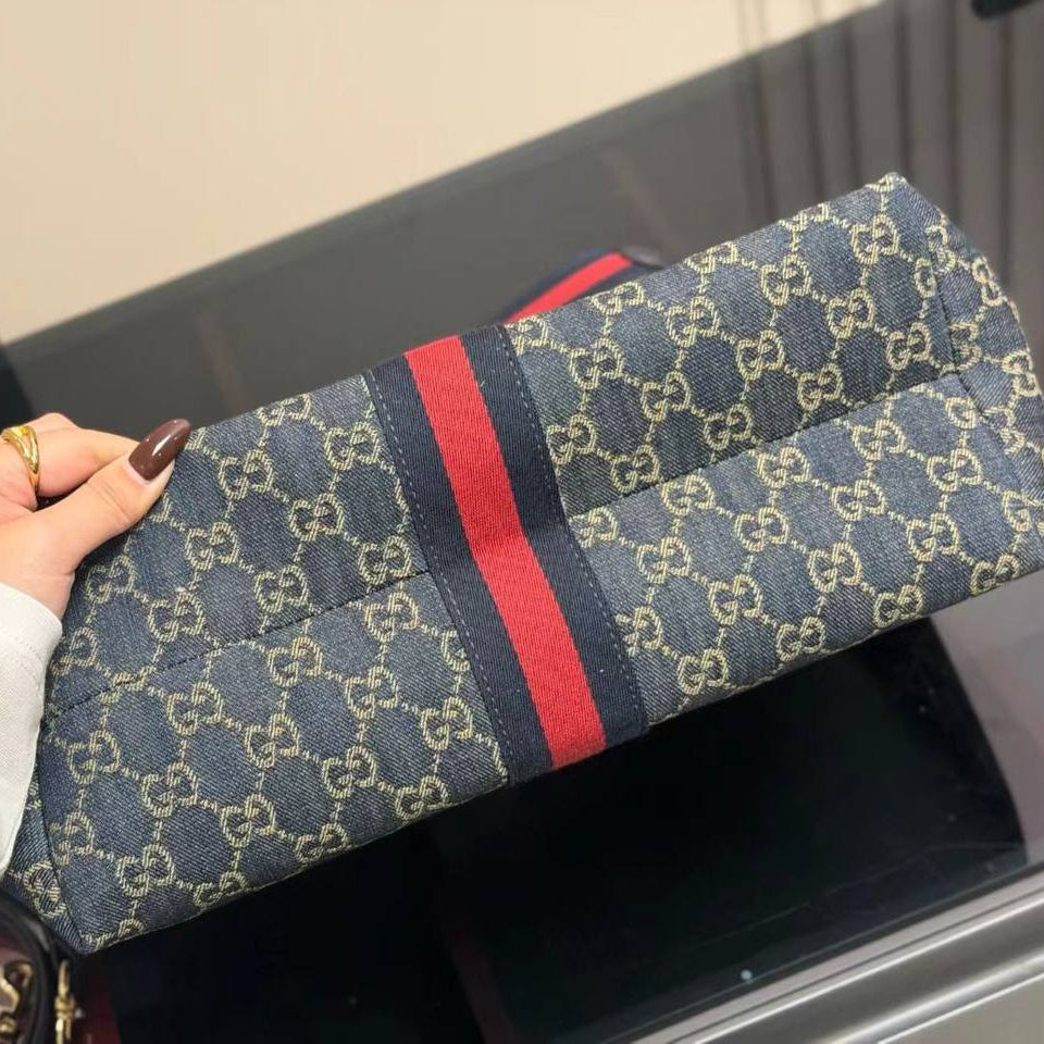 Monogram Pattern Tote Bag with Signature Stripe and Pouch