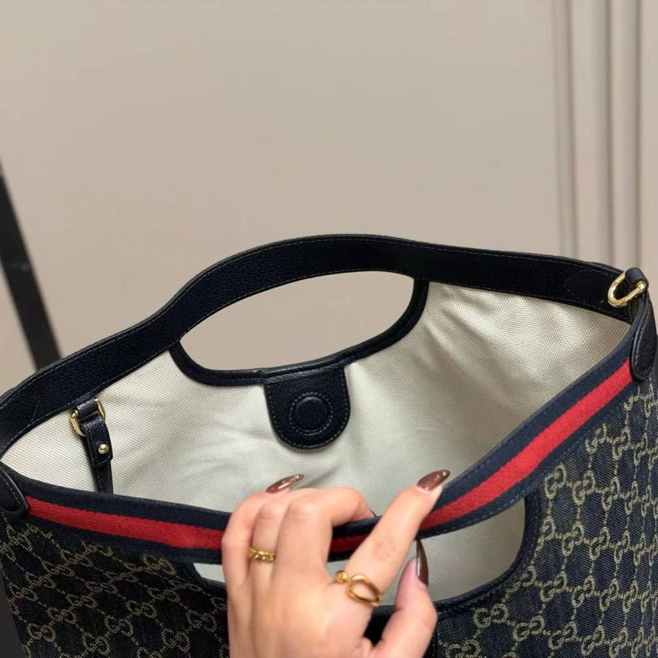 Monogram Pattern Tote Bag with Signature Stripe and Pouch