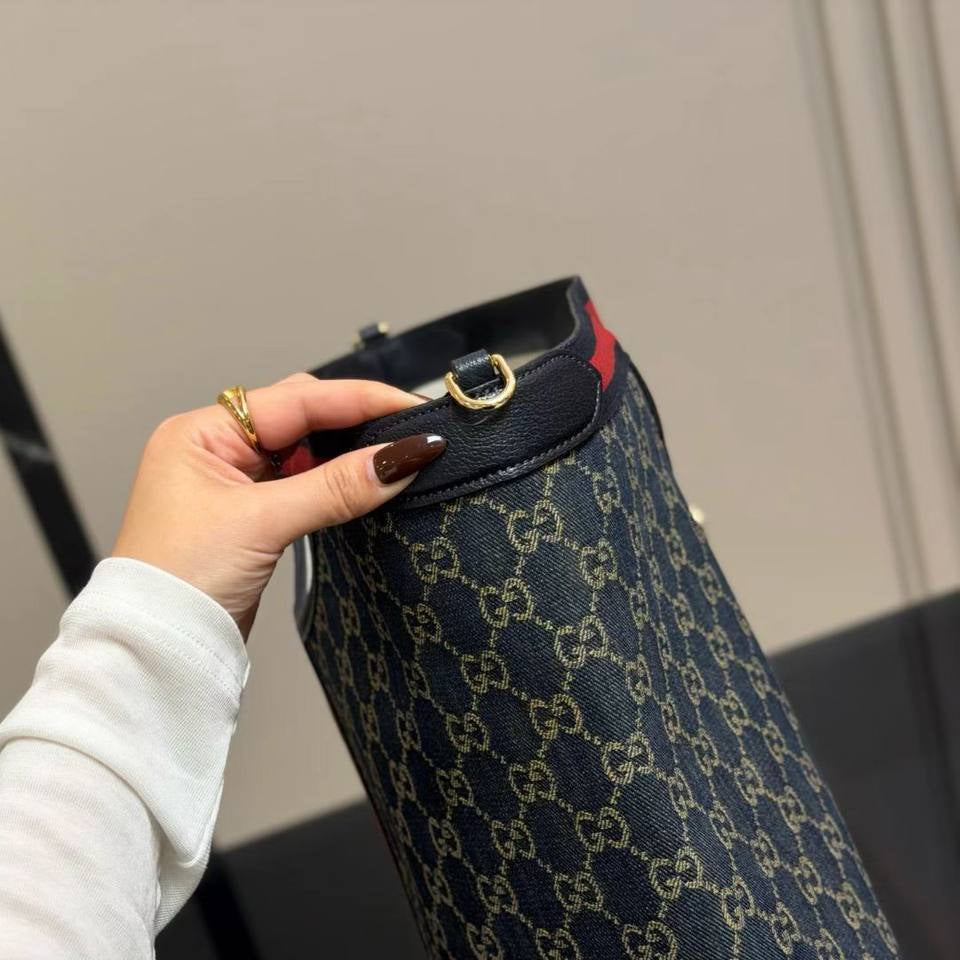 Monogram Pattern Tote Bag with Signature Stripe and Pouch