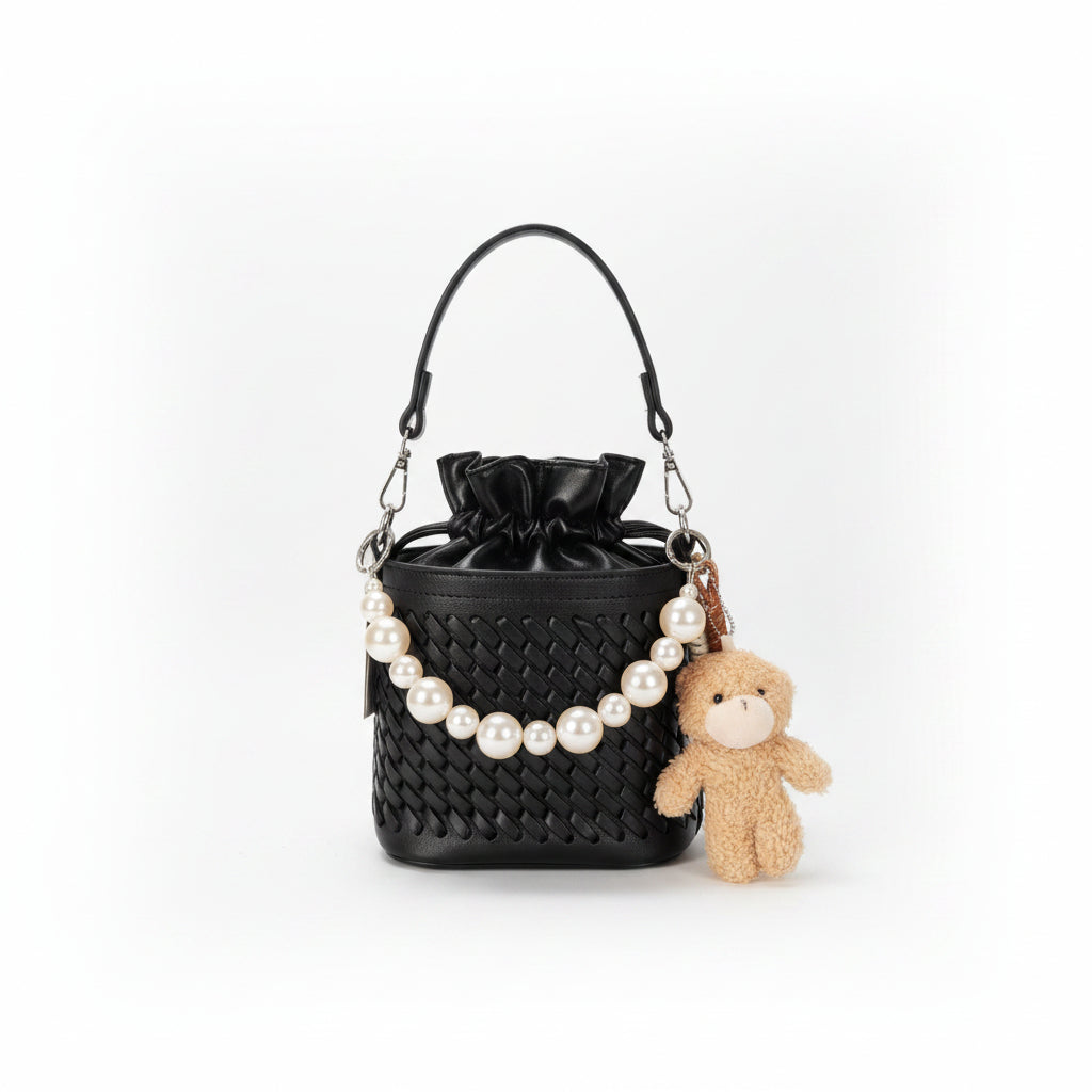 Woven Faux Leather Bucket Bag with Pearl Handle