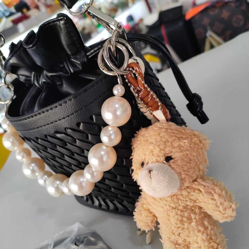 Woven Faux Leather Bucket Bag with Pearl Handle