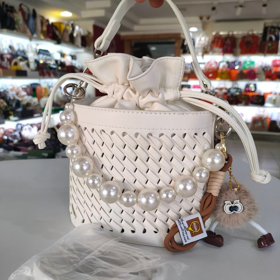 Woven Faux Leather Bucket Bag with Pearl Handle