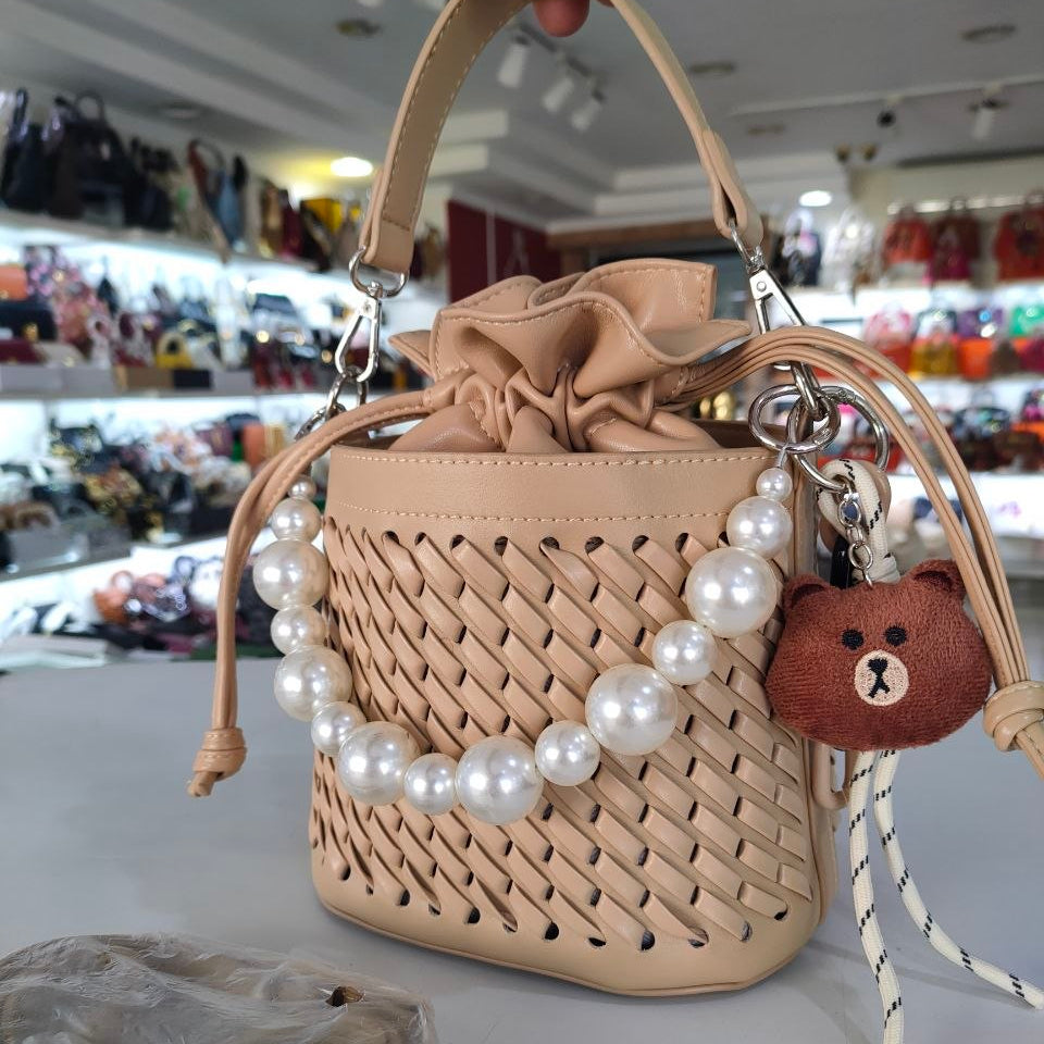 Woven Faux Leather Bucket Bag with Pearl Handle