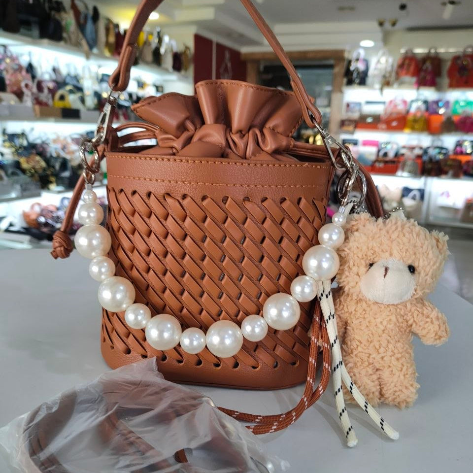 Woven Faux Leather Bucket Bag with Pearl Handle
