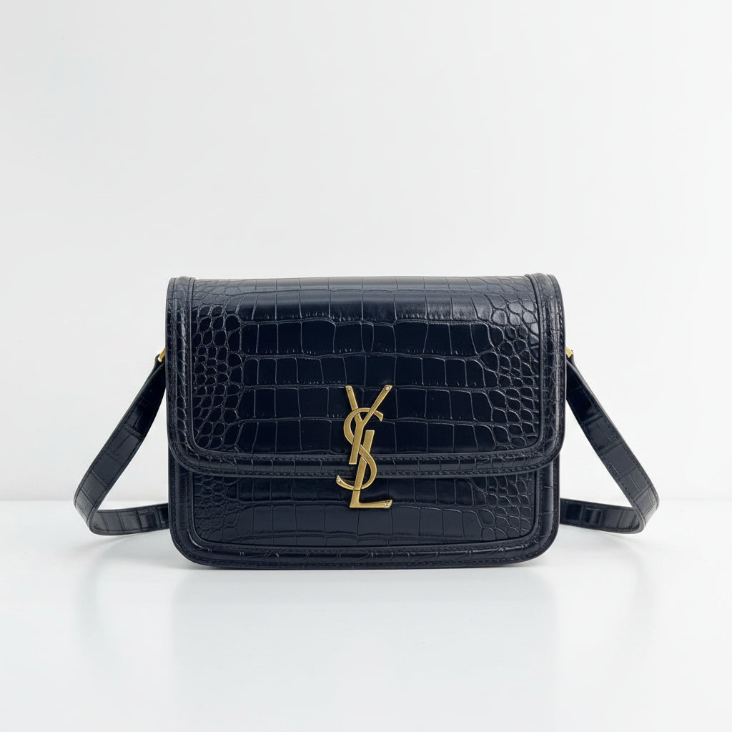 YSL Crocodile Embossed Leather Shoulder Bag with Gold-Tone Hardware
