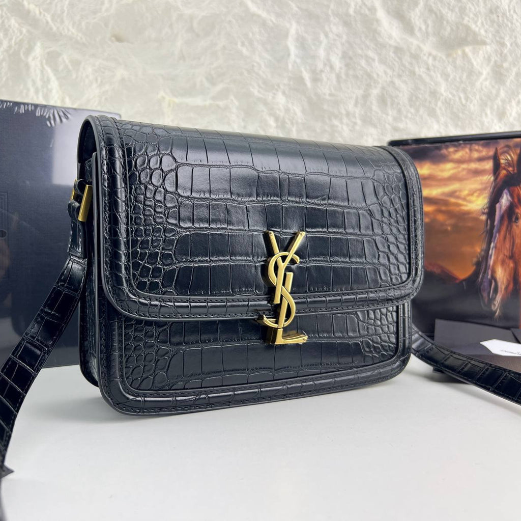 YSL Crocodile Embossed Leather Shoulder Bag with Gold-Tone Hardware