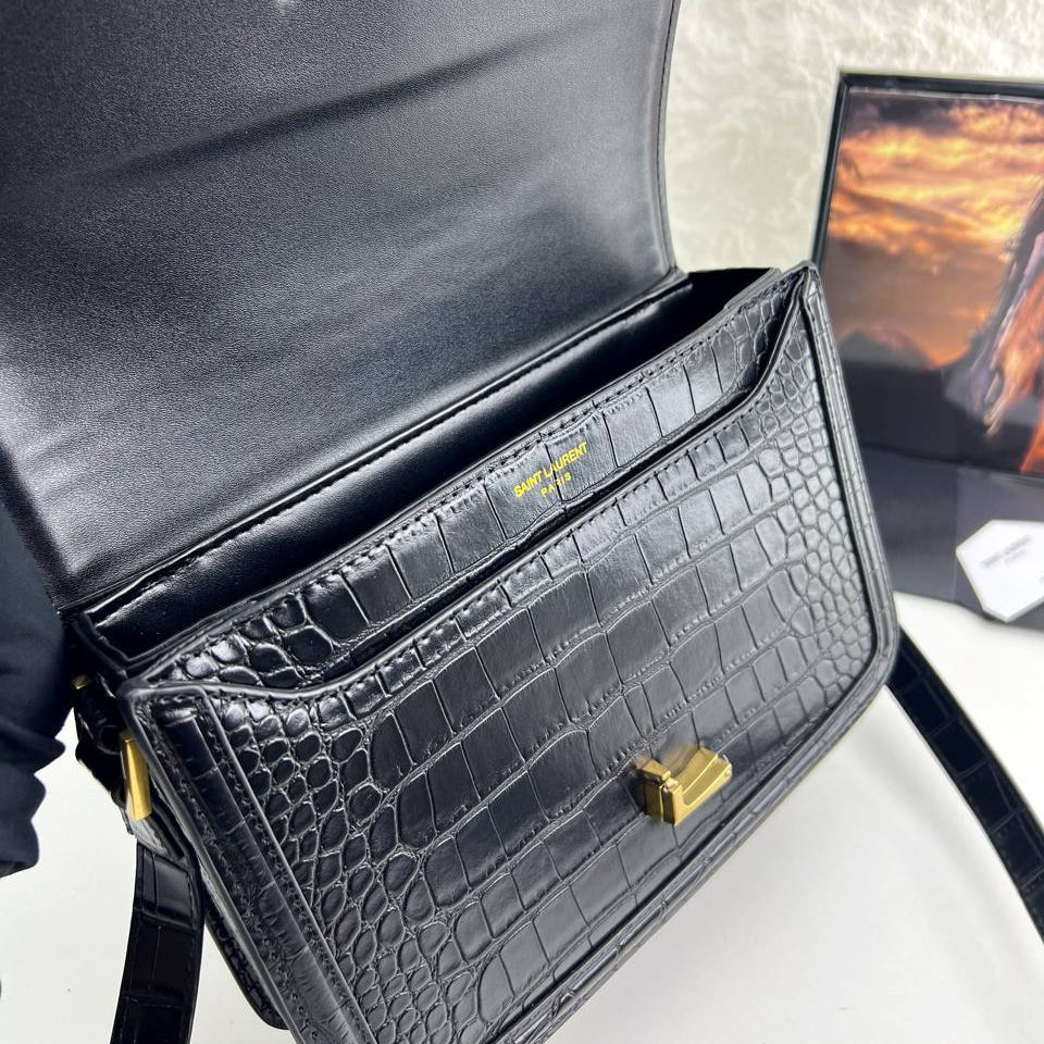 YSL Crocodile Embossed Leather Shoulder Bag with Gold-Tone Hardware