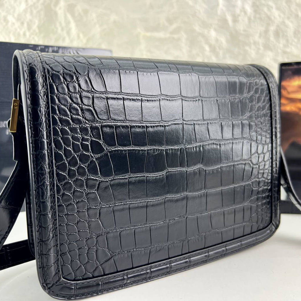 YSL Crocodile Embossed Leather Shoulder Bag with Gold-Tone Hardware