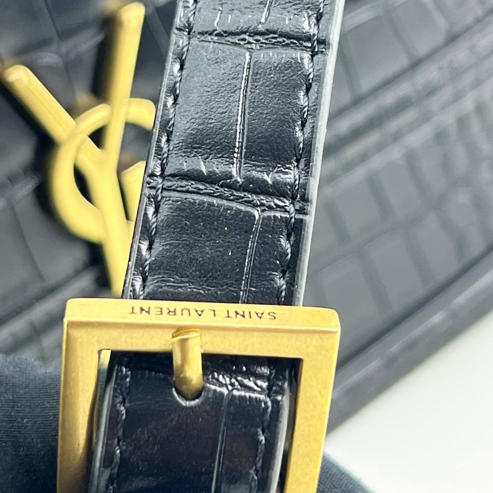 YSL Crocodile Embossed Leather Shoulder Bag with Gold-Tone Hardware