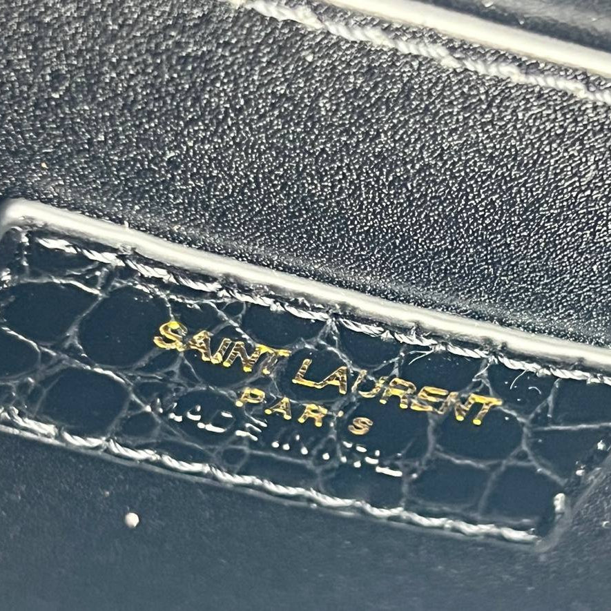 YSL Crocodile Embossed Leather Shoulder Bag with Gold-Tone Hardware