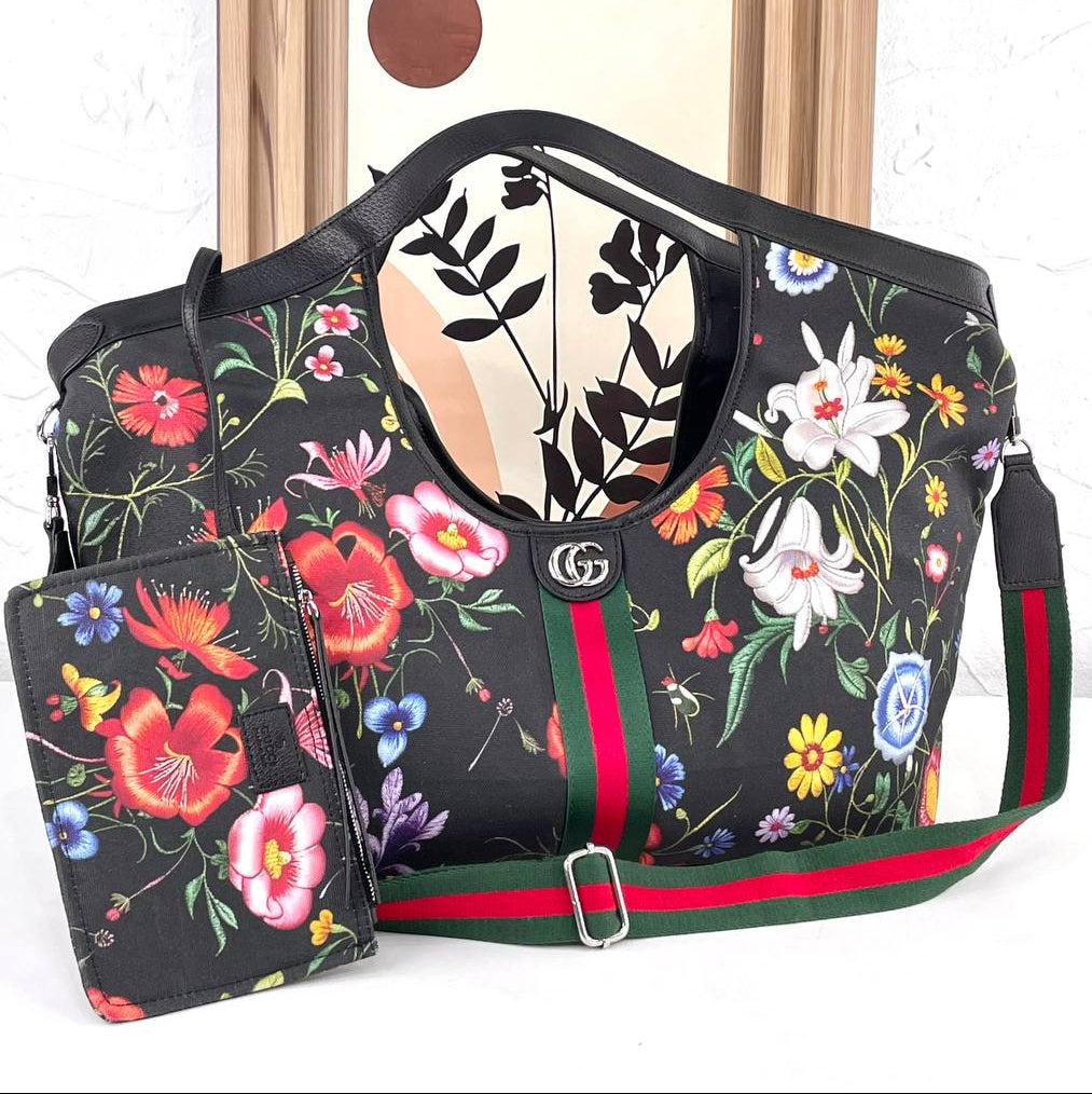 Gucci Floral Print Tote and Pouch Set with Iconic Web Stripe
