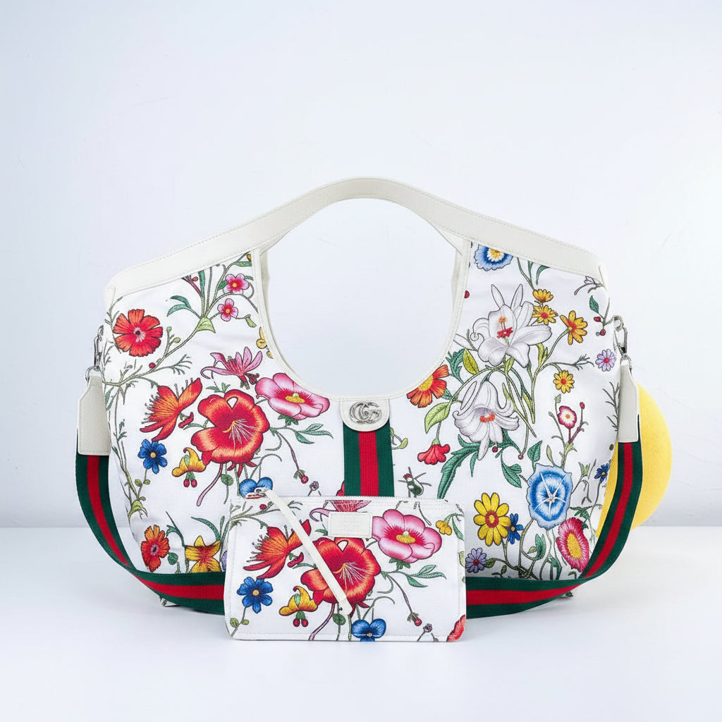 Gucci Floral Print Tote and Pouch Set with Iconic Web Stripe