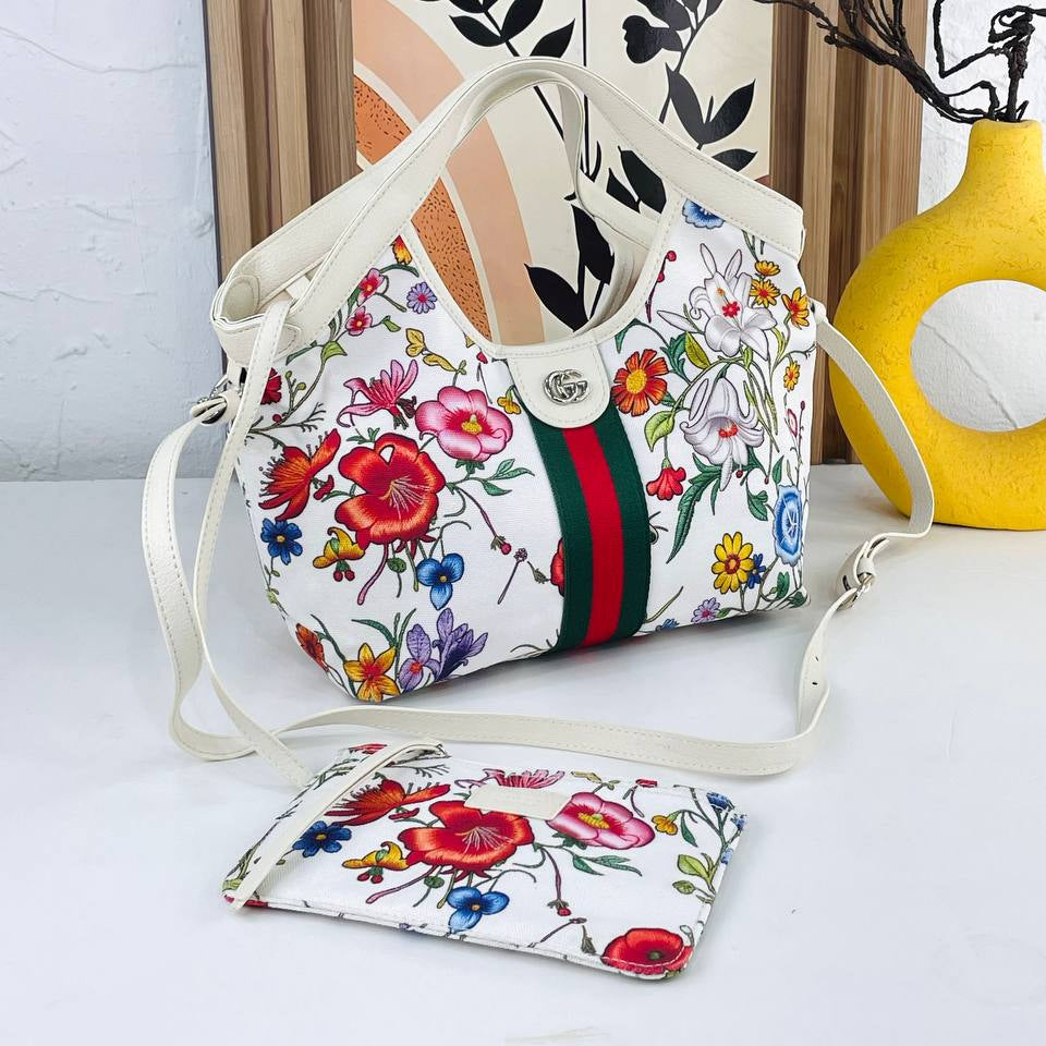 Gucci Floral Print Tote and Pouch Set with Iconic Web Stripe