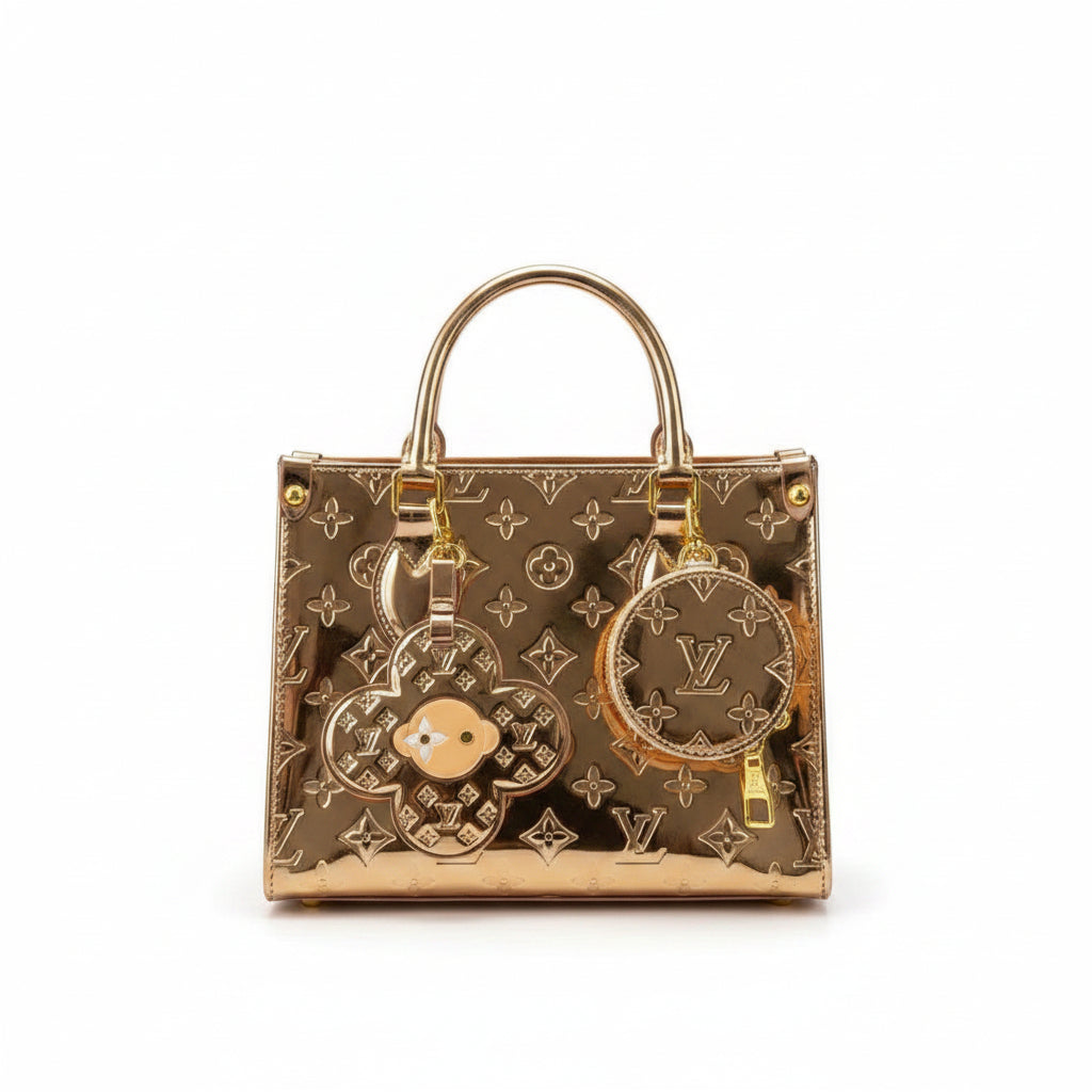 Metallic Gold Monogram Handbag with Flower Charm and Coin Purse
