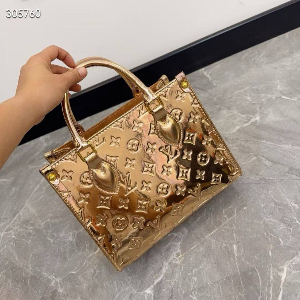 Metallic Gold Monogram Handbag with Flower Charm and Coin Purse
