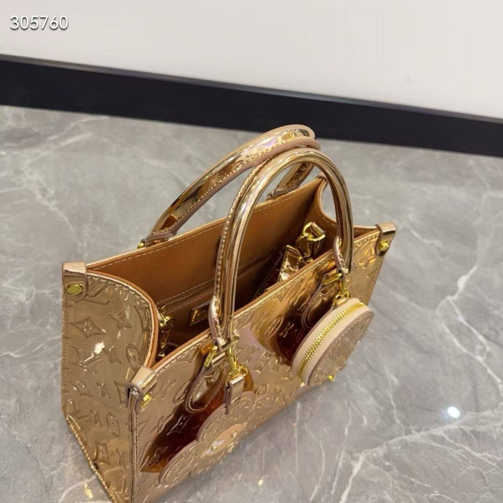 Metallic Gold Monogram Handbag with Flower Charm and Coin Purse