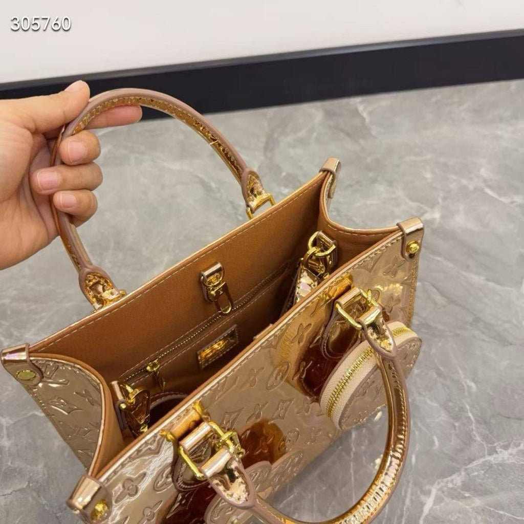 Metallic Gold Monogram Handbag with Flower Charm and Coin Purse