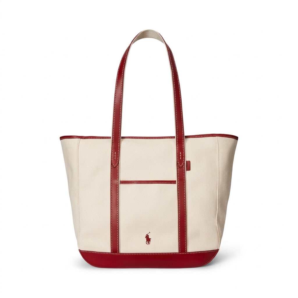 Polo Canvas and Leather Tote Bag in Beige and Red