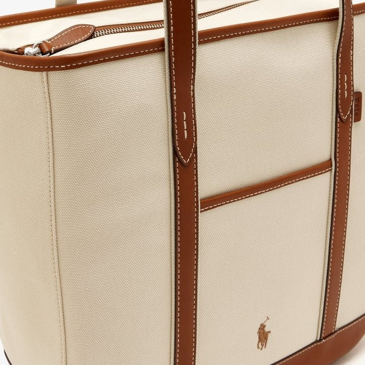 Polo Canvas and Leather Tote Bag in Beige and Red