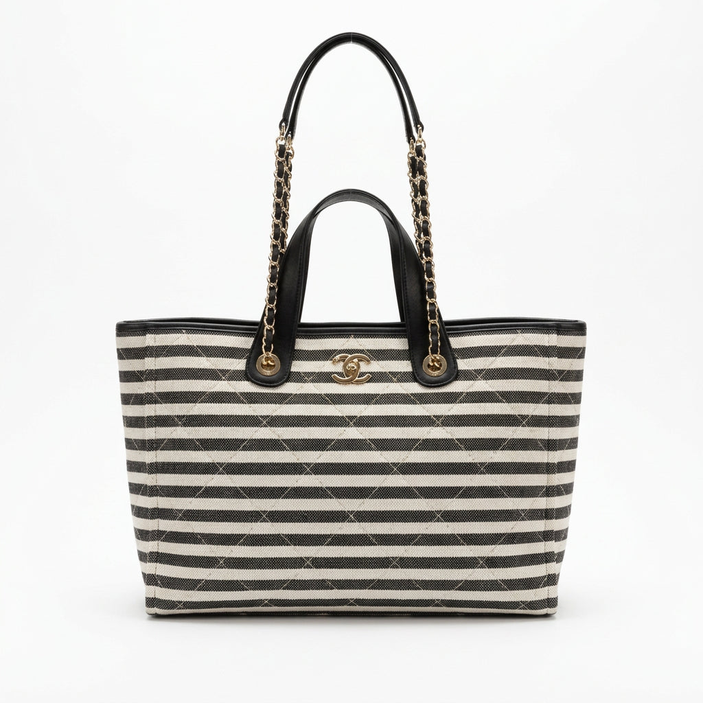 Chanel Striped Canvas and PU Leather Mirror Tote Bag