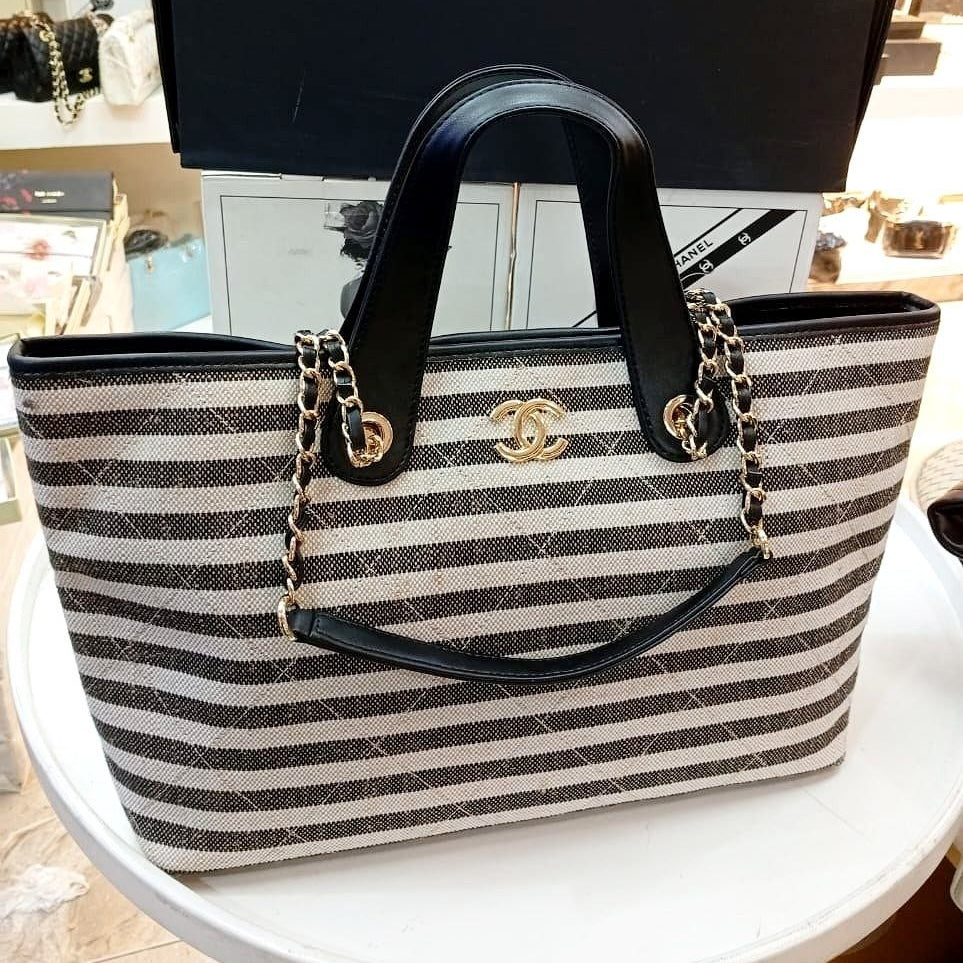 Chanel Striped Canvas and PU Leather Mirror Tote Bag
