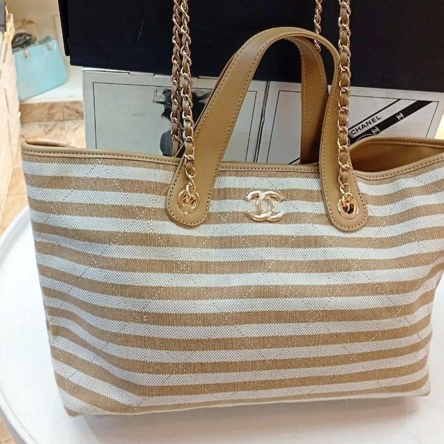 Chanel Striped Canvas and PU Leather Mirror Tote Bag