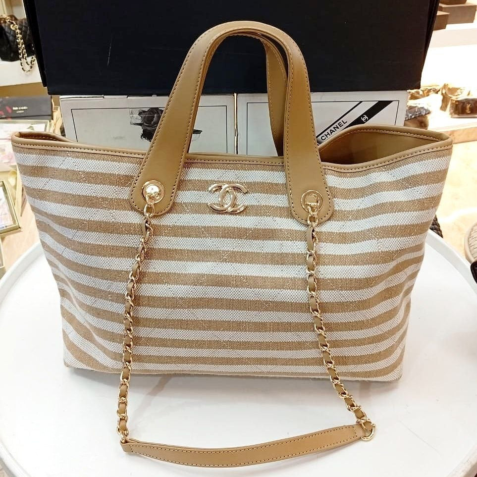 Chanel Striped Canvas and PU Leather Mirror Tote Bag