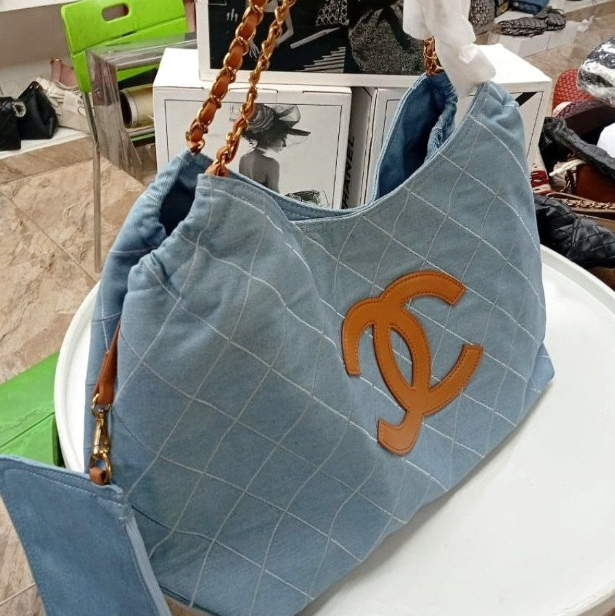 Chanel Gabardine Quilted Tote with Matching Pouch