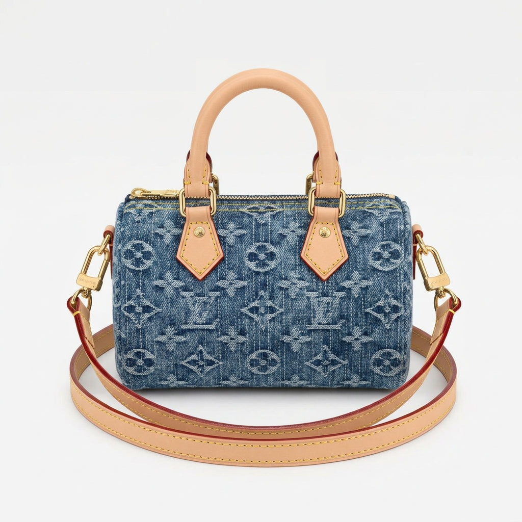Louis Vuitton Denim Monogram Handbag with Leather Trim