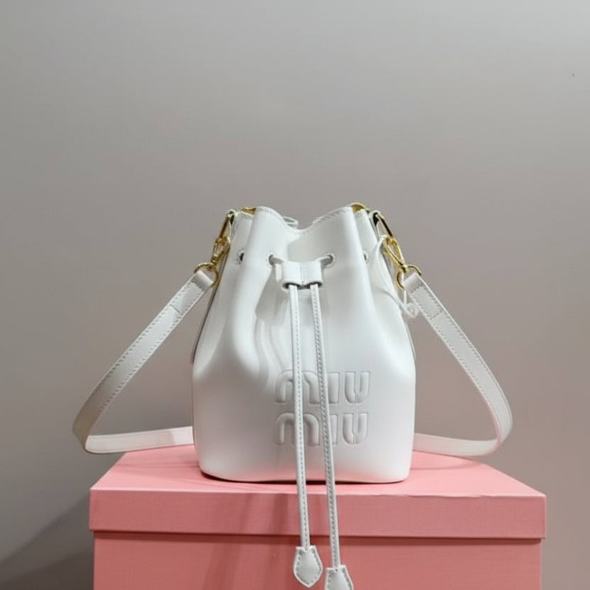 Miu Miu White Leather Bucket Bag with Embossed Logo 🤍👜✨