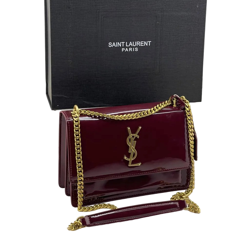 Saint Laurent Sunset Medium Shoulder Bag in Burgundy Patent Leather 🍷👜✨