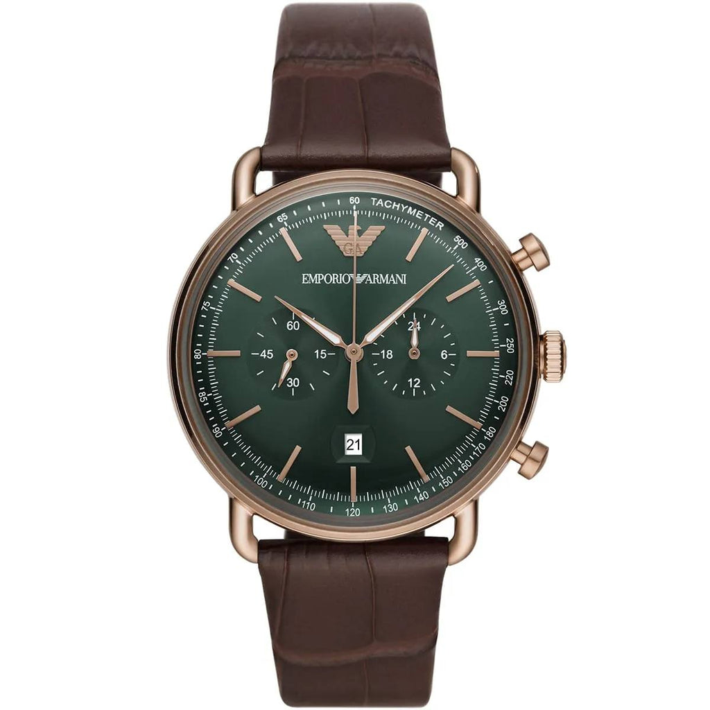 Emporio Armani Green Leather & Rose Gold Men's Watch ⌚🌿