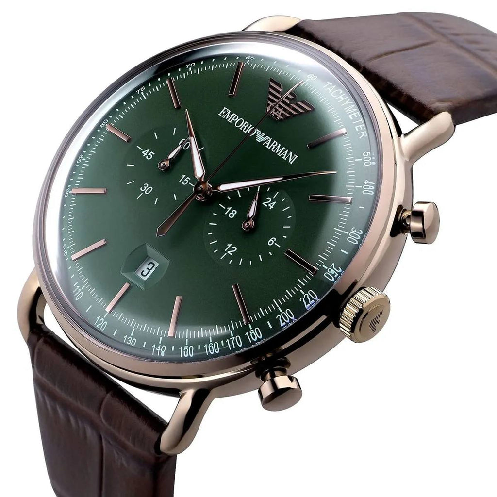 Emporio Armani Green Leather & Rose Gold Men's Watch ⌚🌿