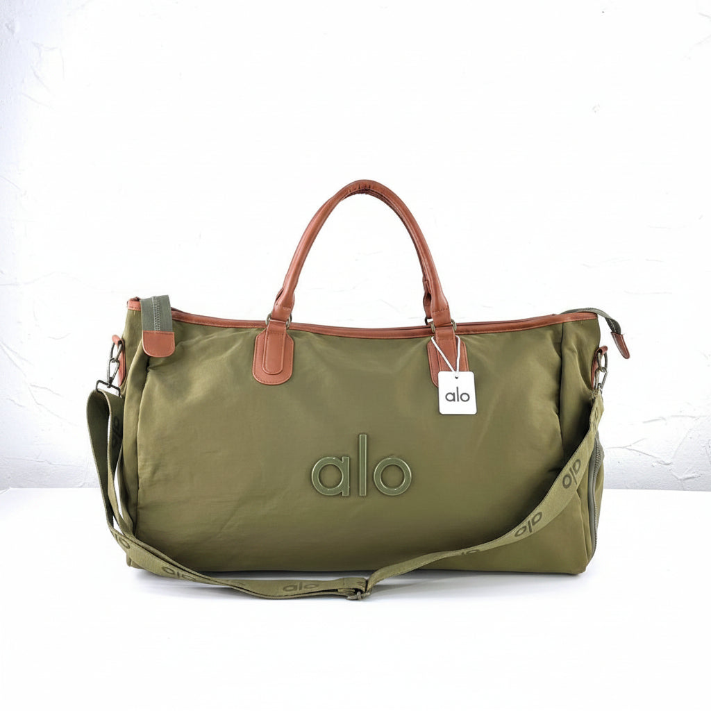 ALO Olive Duffle Bag with Brown Accents 🫒💼👜