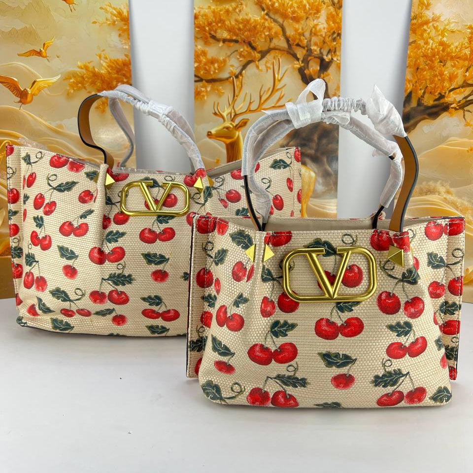 Valentino Cherry Print Tote Bag with Gold Tone V Logo 🍒✨