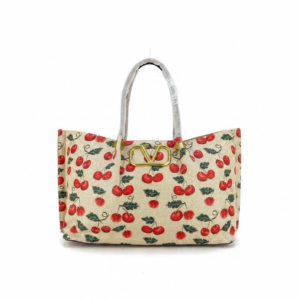 Valentino Cherry Print Tote Bag with Gold Tone V Logo 🍒✨