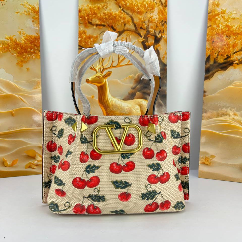 Valentino Cherry Print Tote Bag with Gold Tone V Logo 🍒✨