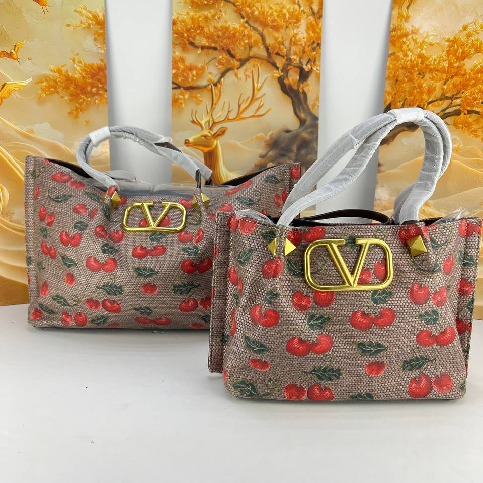 Valentino Cherry Print Tote Bag with Gold Tone V Logo 🍒✨