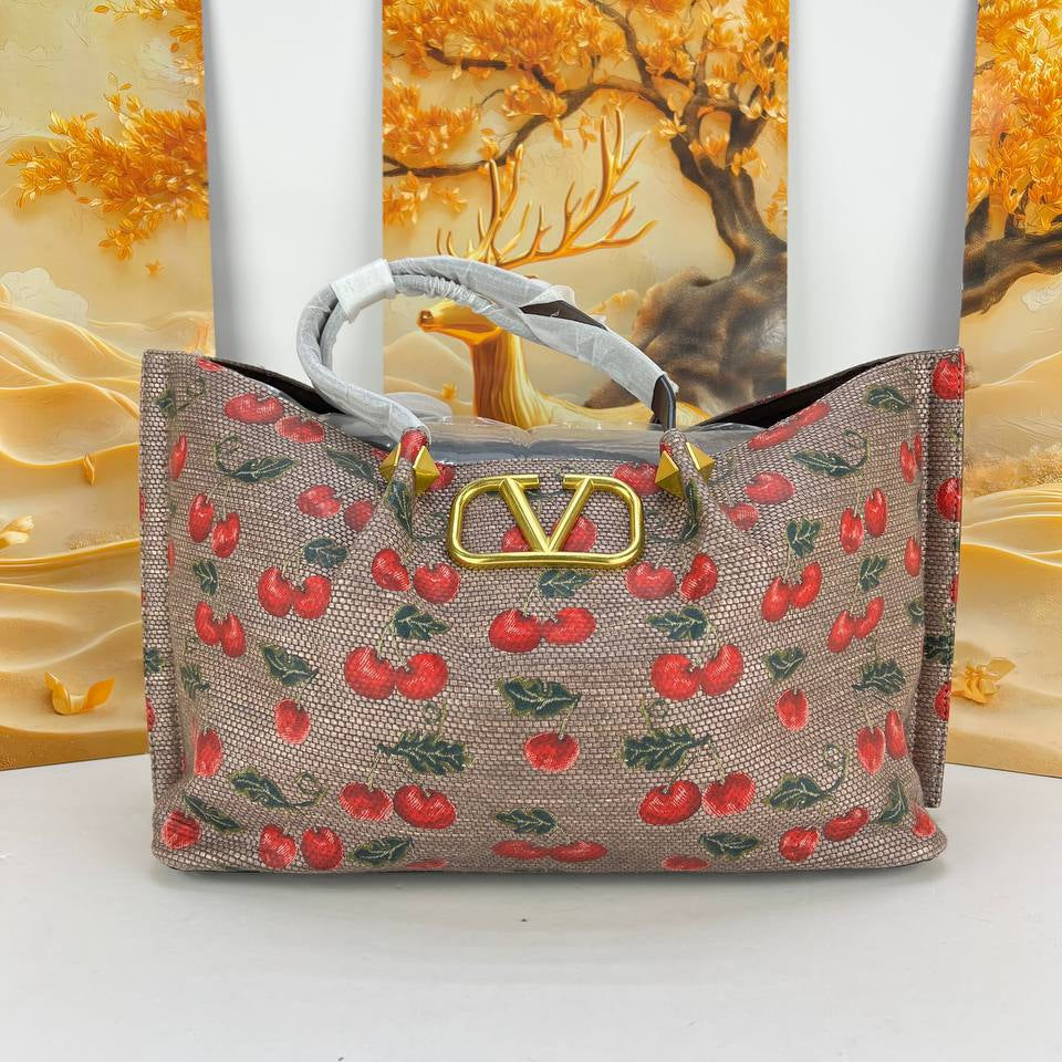 Valentino Cherry Print Tote Bag with Gold Tone V Logo 🍒✨
