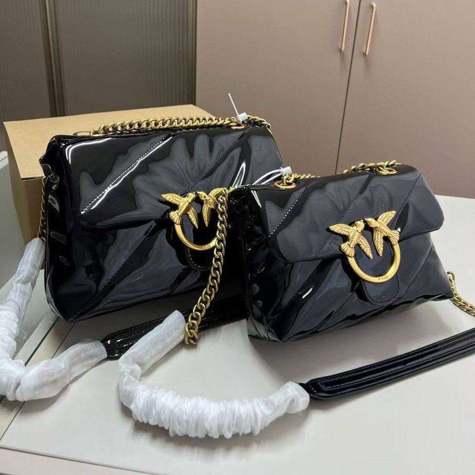 PINKO Patent Leather Shoulder Bag with Iconic Gold Bird Logo ✨👜