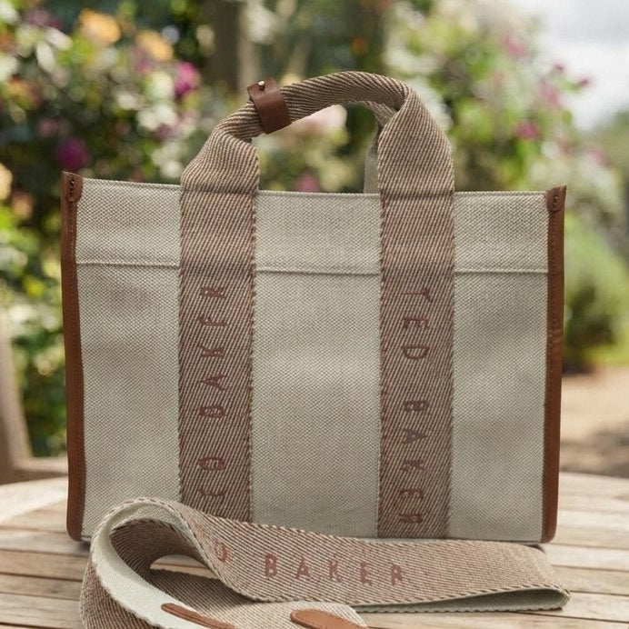 Ted Baker Canvas Crossbody Tote in Beige and Brown