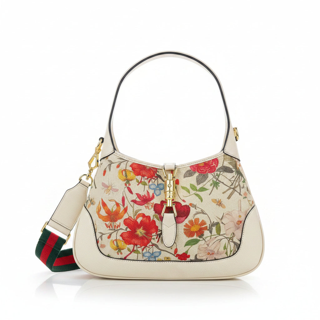 Gucci Floral Canvas Shoulder Bag with Gold Tone Hardware