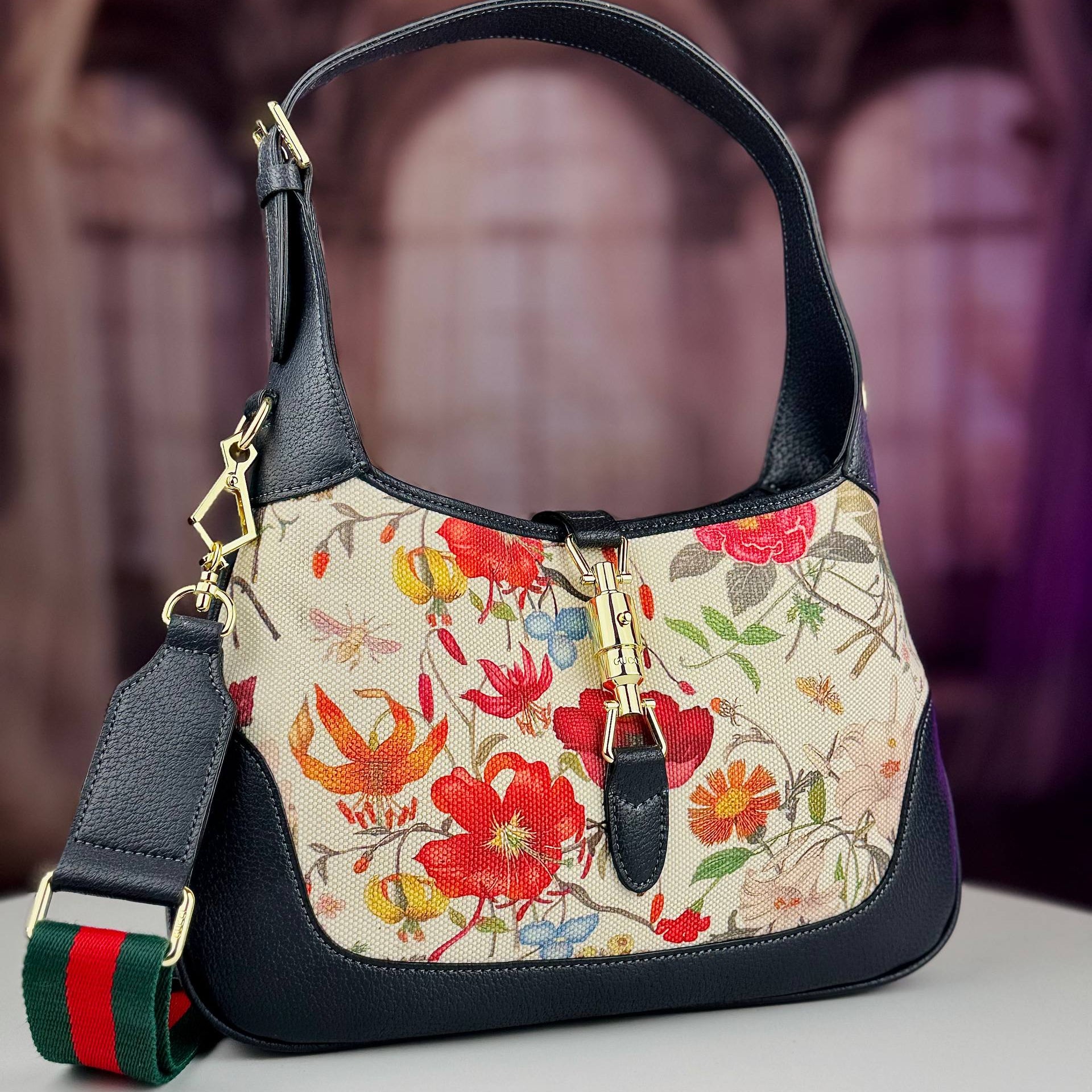 Gucci Floral Canvas Shoulder Bag with Gold Tone Hardware
